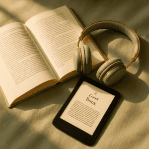 Buch, E-Reader und Kopfhörer im Licht zum Vergleich von Audible und Kindle Unlimited bei Kapitelgold