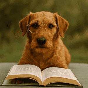 Ein rotbrauner Hund mit runder Lesebrille sitzt aufmerksam vor einem geöffneten Buch – ideales Bild für einen Beitrag über Bücher zur Ernährung von Hund und Katze.