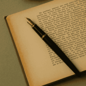 Antiker Füllfederhalter auf einem aufgeschlagenen Biografiebuch mit vergilbten Seiten. Ein stimmungsvolles Stillleben für einen Blogartikel über Biografien und Lebensgeschichten.