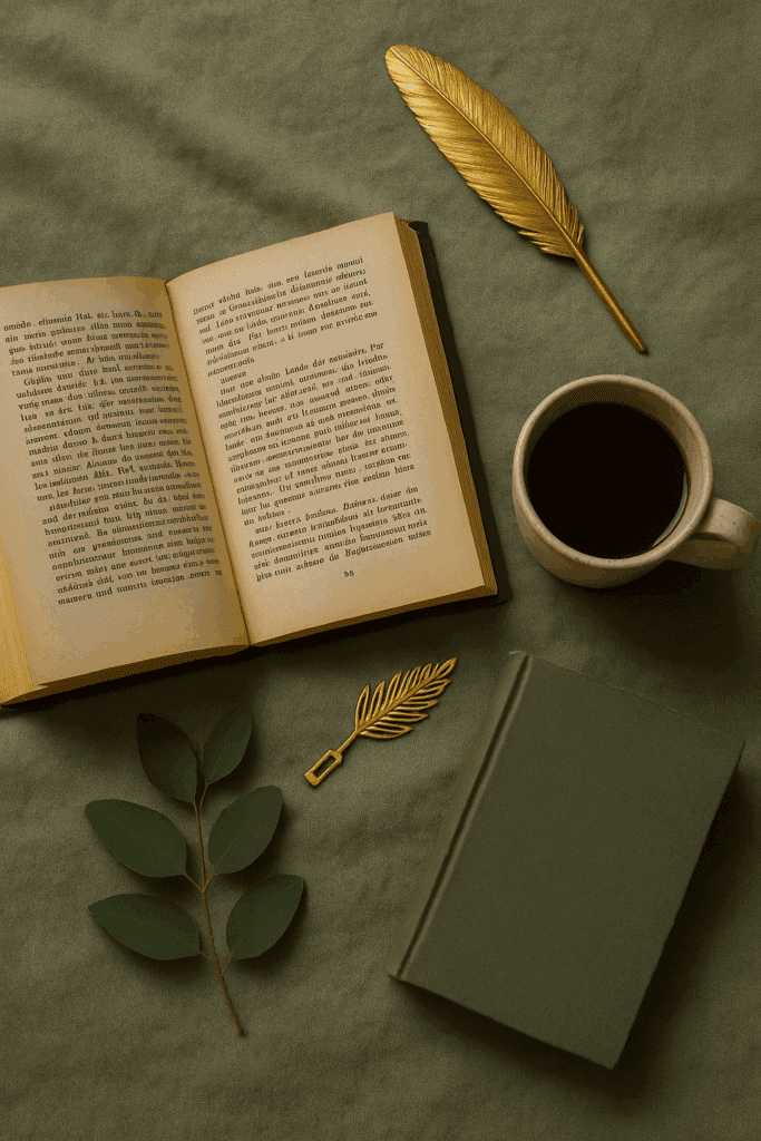 Flaches Stillleben mit offenem Buch, goldener Schreibfeder, grünem Hardcover-Buch, Keramiktasse und Eukalyptuszweig – harmonisches Arrangement zur Darstellung von Stilfindung als Buchbloggerin