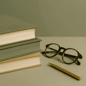 Stilvolle Nahaufnahme von drei Hardcover-Büchern mit Brille und goldfarbenem Stift auf salbeigrünem Hintergrund. Ideal für Buchblog oder BookTok-Artikel über beliebte Tropes.