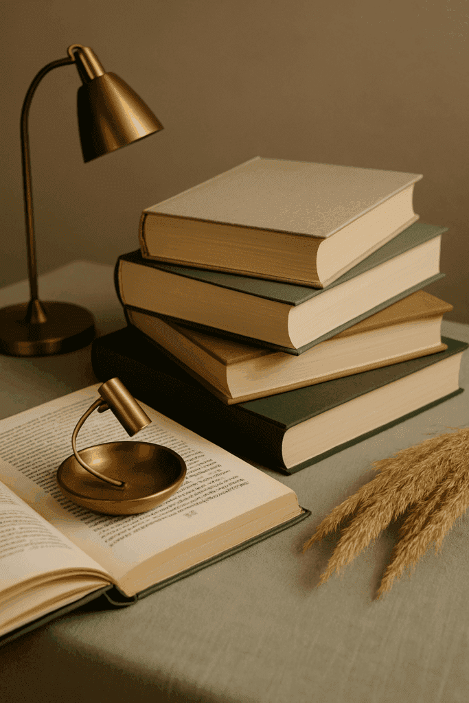 Ein ästhetisches Stillleben mit fünf aufeinander gestapelten Hardcover-Büchern in Naturtönen auf einem salbeigrünen Tuch. Daneben liegen getrocknete Gräser, eine geöffnete Buchseite und zwei elegante Leselampen aus Messing. Die Szene strahlt Ruhe, Wärme und literarische Eleganz aus.