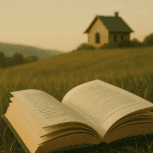 Offenes Buch in Nahaufnahme auf einer Wiese, im Hintergrund ein Hügel mit einem kleinen, gemütlichen Haus oder Café in warmem, goldenem Licht – ein perfektes Sinnbild zum Buch das Café am Rand der Welt