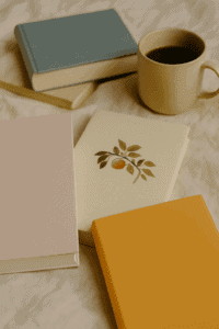 Stillleben mit vier farblich abgestimmten Hardcover-Büchern und einer Tasse Kaffee auf beigem Leinentuch. Eine ruhige Szene für einen emotionalen Lesemoment.