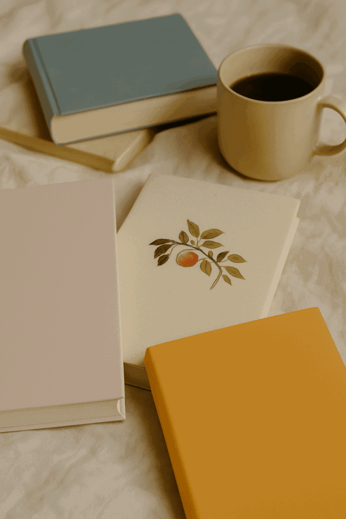 Stillleben mit vier farblich abgestimmten Hardcover-Büchern und einer Tasse Kaffee auf beigem Leinentuch. Eine ruhige Szene für einen emotionalen Lesemoment.