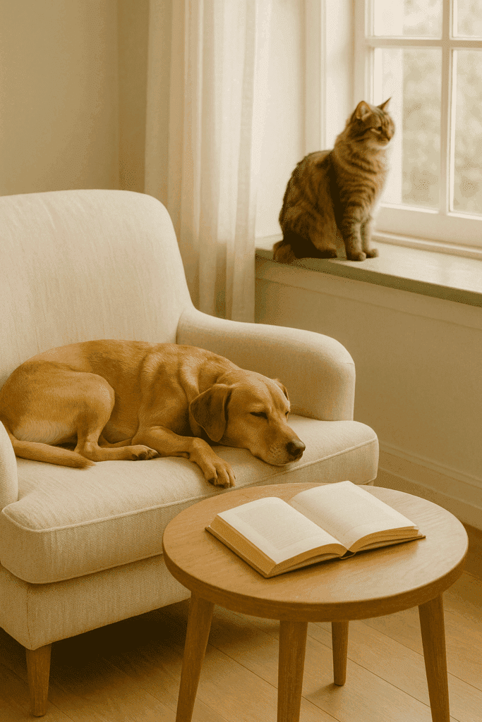 Heller, gemütlicher Wohnraum mit schlafendem Hund auf einem Sessel, einem offenen Buch auf einem Holztisch und einer Katze am Fenster – Symbol für achtsamen Lebensstil und artgerechte Tierhaltung.