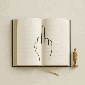 Stilvolles Bild mit aufgeschlagenem Buch, das humorvoll eine stilisierte Mittelfinger-Zeichnung zeigt. Symbolisch für Gelassenheit und Abgrenzung im Sinne des Ratgebers ‚Wo ein Fuck it ist, ist auch ein Weg‘, dekoriert mit goldener Statue.