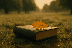 Altes Buch mit Eichenblatt im herbstlichen Morgenlicht. Ein Symbol für historische Romane.