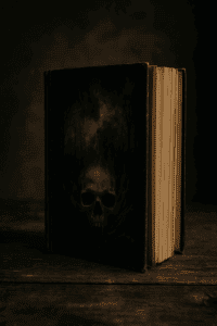 Ein altes, düsteres Buch mit einem gezeichneten Totenkopf auf dem Einband steht auf einem rustikalen Holztisch. Ein symbolträchtiges Stillleben für das Genre Horror Bestseller.