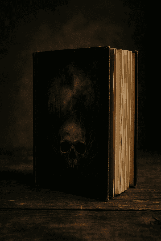 Ein altes, düsteres Buch mit einem gezeichneten Totenkopf auf dem Einband steht auf einem rustikalen Holztisch. Ein symbolträchtiges Stillleben für das Genre Horror Bestseller.
