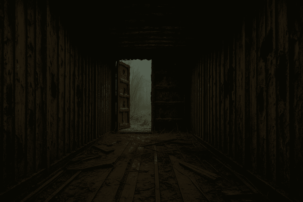 Verrosteter Containerwagen inmitten einer nebligen Wildnis, fotografiert von innen. Durch die halb geöffnete Tür fällt fahles Licht auf den von Schmutz, Holzsplittern und Rost gezeichneten Boden. Draußen sind kahle Bäume in dichtem Nebel zu erkennen – eine beklemmende, verlassene Atmosphäre mit postapokalyptischem Charakter den man bei Hunting Adeline vermuten kann