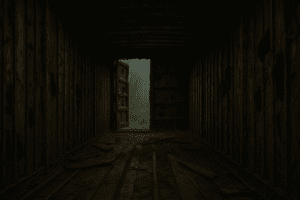 Verrosteter Containerwagen inmitten einer nebligen Wildnis, fotografiert von innen. Durch die halb geöffnete Tür fällt fahles Licht auf den von Schmutz, Holzsplittern und Rost gezeichneten Boden. Draußen sind kahle Bäume in dichtem Nebel zu erkennen – eine beklemmende, verlassene Atmosphäre mit postapokalyptischem Charakter den man bei Hunting Adeline vermuten kann