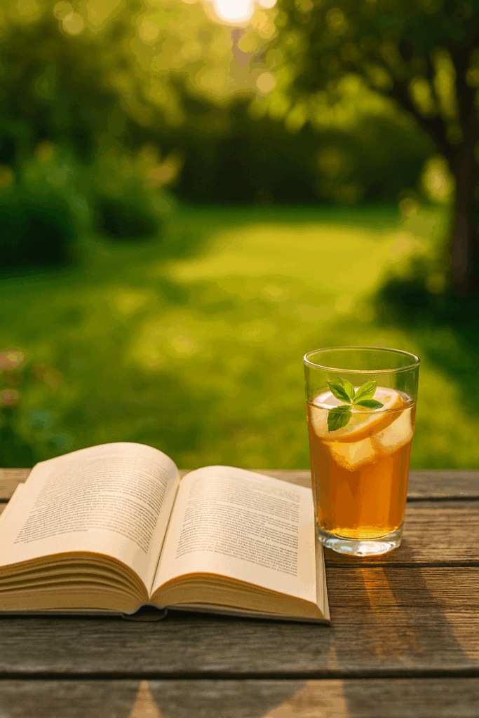 Der Blick einer finanziell unabhängigen Frau in ihren Garten. Entspannt und frei das Lesen bei einem kalten Getränk genießen.