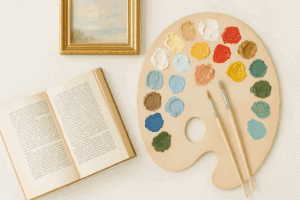 Helles Stillleben mit Farbpinsel, geöffneter Buchseite und Malpalette – Sinnbild für die Verbindung von Literatur und bildender Kunst