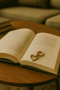 Ein aufgeschlagenes Buch liegt auf einem runden Holztisch, darauf ein goldenes Herzanhänger-Element, das symbolisch für die Verbindung zwischen Leser*in und Text steht. Die Szene wirkt ruhig, warm und einladend – wie ein Moment stiller Leserbindung.