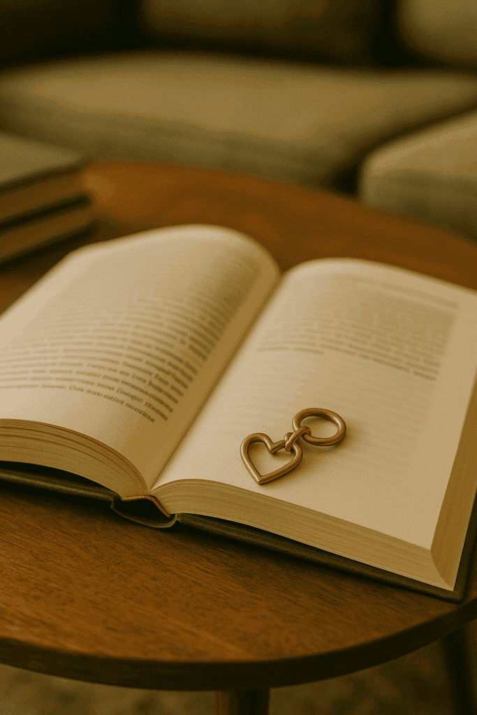 Ein aufgeschlagenes Buch liegt auf einem runden Holztisch, darauf ein goldenes Herzanhänger-Element, das symbolisch für die Verbindung zwischen Leser*in und Text steht. Die Szene wirkt ruhig, warm und einladend – wie ein Moment stiller Leserbindung.