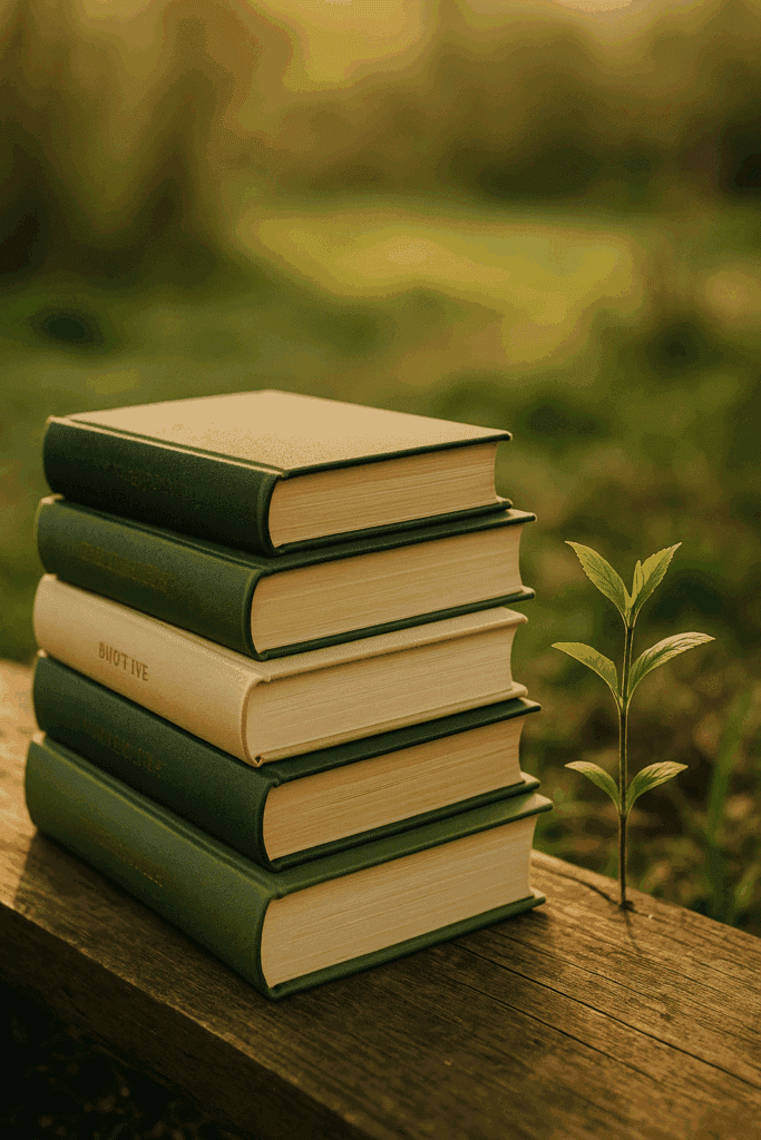 Stapel inspirierender Bücher zur persönlichen Weiterentwicklung und finanziellen Freiheit auf einem Holztisch im Grünen, symbolisch für Wachstum, Klarheit und achtsames Lesen.