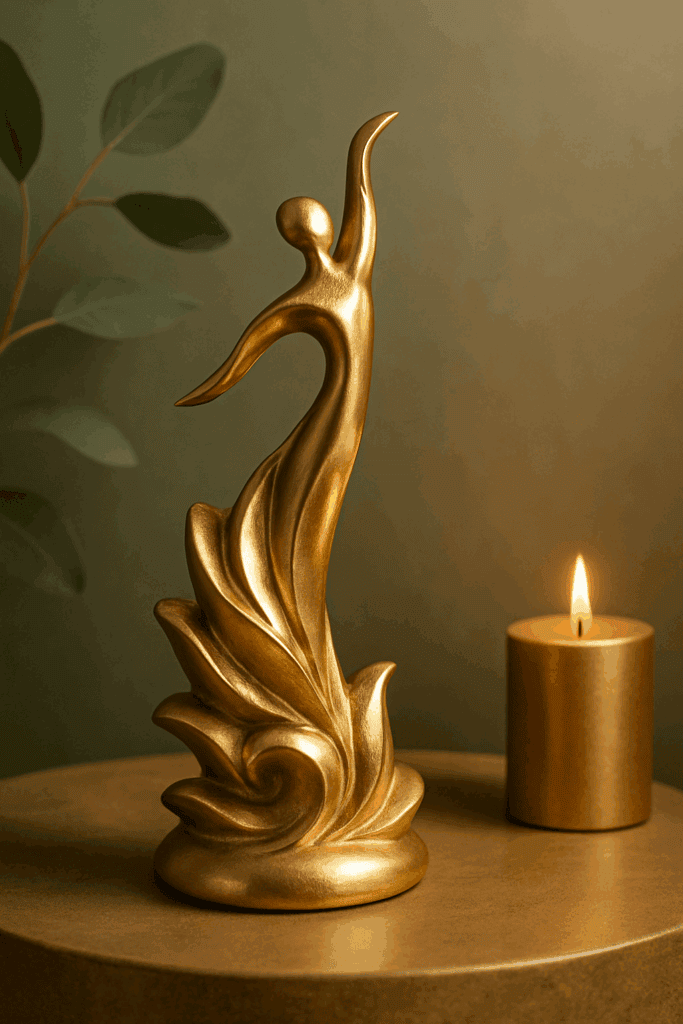 Goldene Deko-Skulptur in abstrahierter Form, die sich elegant emporstreckt. Ein Symbol für persönliche Weiterentwicklung und inneres Wachstum, stilvoll arrangiert mit goldener Kerze und grüner Naturdeko im Hintergrund. Ideal für Blogbeiträge zu Achtsamkeit, Selbstfindung und Motivation.