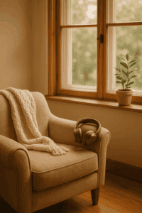 Gemütlicher Lesesessel mit Kopfhörern vor einem Fenster – perfekte Atmosphäre für romantische Hörbücher für Frauen, Selfcare und Lesezeit.