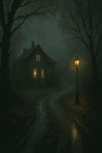 Bild eines nebligen Waldwegs bei Nacht, der zu einem alten Haus mit beleuchteten Fenstern führt. Eine stimmungsvolle Szene als Symbol für spannende Thriller mit Gänsehautfaktor.