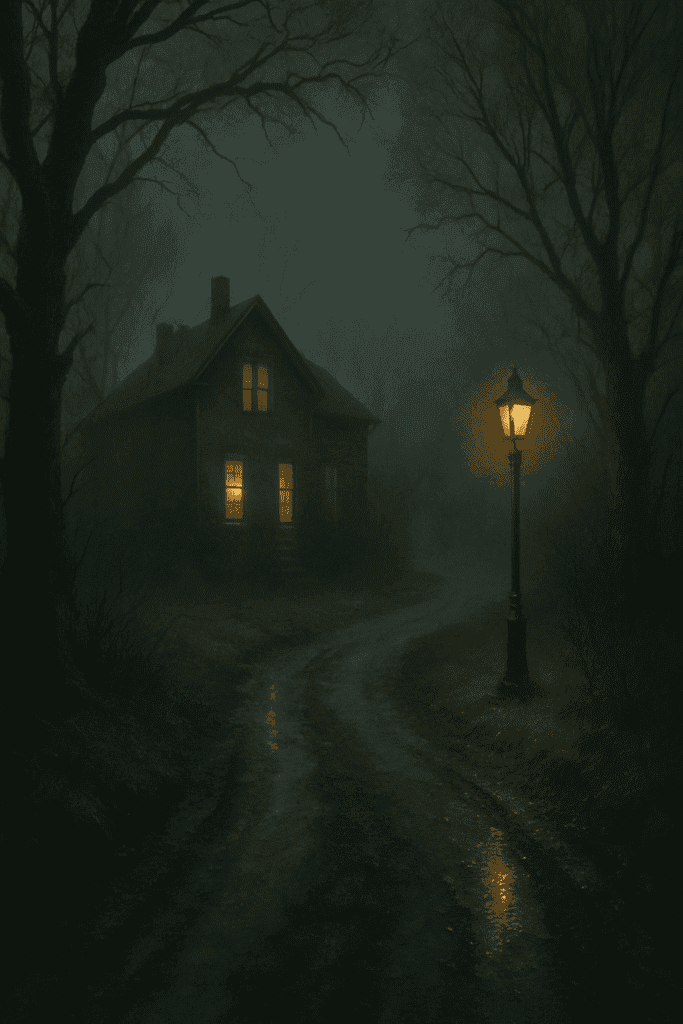 Bild eines nebligen Waldwegs bei Nacht, der zu einem alten Haus mit beleuchteten Fenstern führt. Eine stimmungsvolle Szene als Symbol für spannende Thriller mit Gänsehautfaktor.