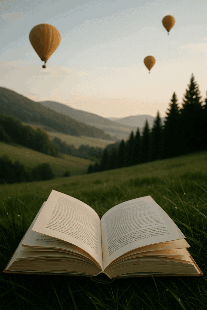 Ein aufgeschlagenes Buch liegt im grünen Gras einer sonnigen Bergwiese, im Hintergrund schweben goldene Heißluftballons über sanften Hügeln und dunklen Tannen. Ein Bild, das junge Leser*innen zu fantasievollen Abenteuern inspiriert.