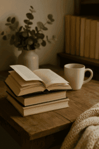 Gemütliche Leseecke mit offenen Büchern, Tasse und Eukalyptus – Symbol für Bloggen über Bücher, Bookstagram und BookTok, um Menschen mit persönlichen Empfehlungen zu erreichen.