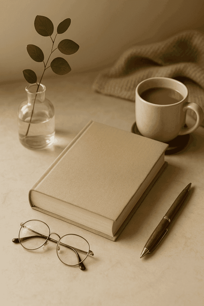 Elegante Buchdekoration auf hellem Marmortisch mit beigem Hardcover-Buch, goldener Lesebrille, Holz-Füller, Kaffeetasse und Glasvase. Ein modernes Arrangement für stilvolle Leseinspiration.