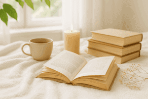 Helles, sommerliches Stillleben mit geöffnetem Buch, Tasse Tee, Kerze und Bücherstapel auf weicher Decke vor einem Fenster – perfekte Cozy Read Atmosphäre.