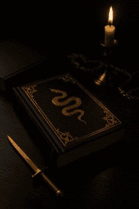 Stimmungsvolles Stillleben mit schwarzem Buch in Goldprägung, Dolch und Kerzenlicht. Es symbolisiert die düstere Faszination von Dark Romance Literatur.