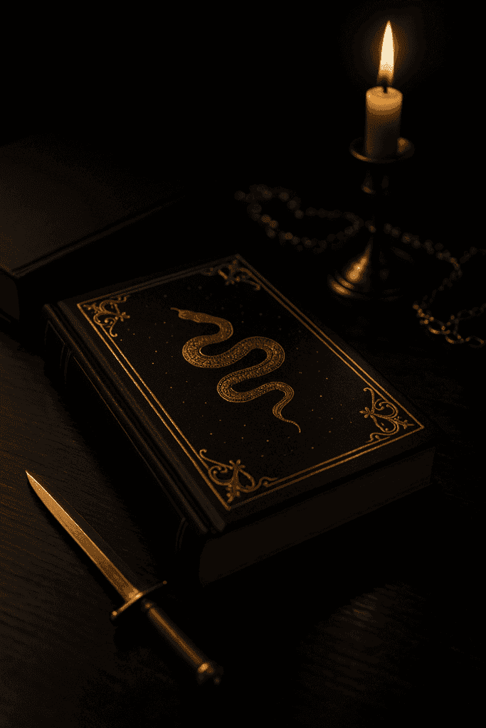 Stimmungsvolles Stillleben mit schwarzem Buch in Goldprägung, Dolch und Kerzenlicht. Es symbolisiert die düstere Faszination von Dark Romance Literatur.