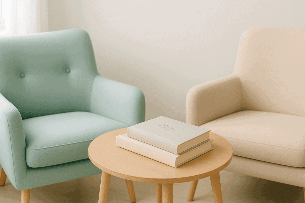 Buchgeschenke unter Freunden, denn man liest selten allein . Ein Sinnbild mit zwei Sesseln und zwei Büchern