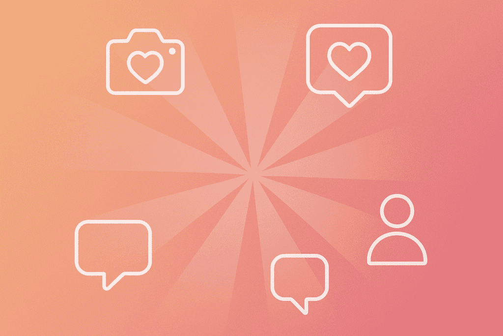 Minimalistisches Beitragsbild mit sanften Orange-Rosa-Farbverläufen und modernen Social-Media-Symbolen (Kamera, Sprechblase, Herz, Profil), stilvoll arrangiert auf hellem Hintergrund – perfekt passend zum Thema „Influencer werden“.