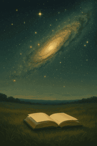 Ein offenes Buch inmitten einer nächtlichen Wiese, darüber ein leuchtendes Galaxienband am klaren Sternenhimmel. Es symbolisiert die grenzenlose Fantasie und Tiefe von Science-Fiction-Literatur.