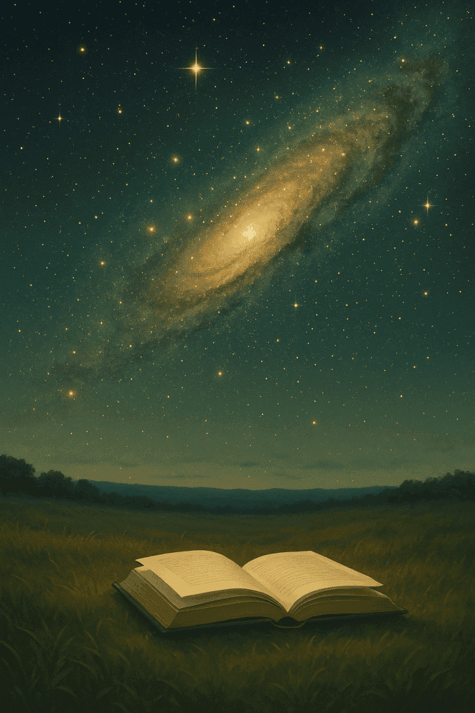 Ein offenes Buch inmitten einer nächtlichen Wiese, darüber ein leuchtendes Galaxienband am klaren Sternenhimmel. Es symbolisiert die grenzenlose Fantasie und Tiefe von Science-Fiction-Literatur.