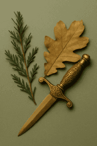 Stimmungsvolle Stillleben-Komposition mit einem goldenen Dolch, einem Eichenblatt und grüner Tannenzweig-Dekoration auf salbeigrünem Hintergrund. Symbolisch für Schutz, Stärke und literarische Spannung im ‘Touch her and you die’-Trope