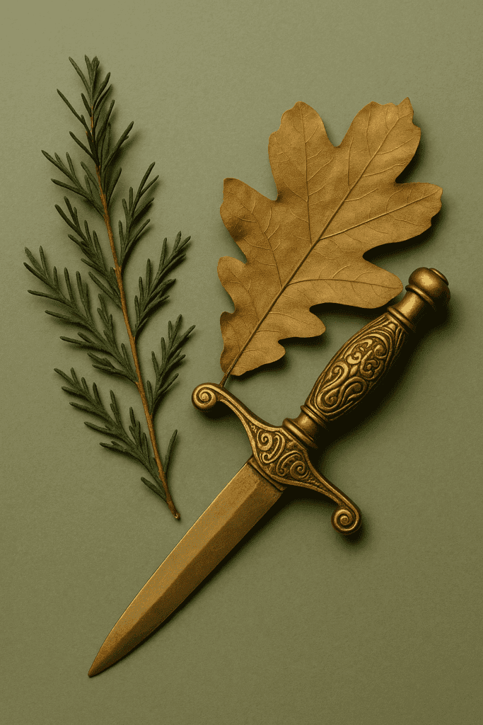 Stimmungsvolle Stillleben-Komposition mit einem goldenen Dolch, einem Eichenblatt und grüner Tannenzweig-Dekoration auf salbeigrünem Hintergrund. Symbolisch für Schutz, Stärke und literarische Spannung im ‘Touch her and you die’-Trope