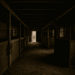 Düstere Stallgasse mit alten Holzboxen und gedämpftem Licht, passend zur Atmosphäre im Dark Romance Spin-off “Where is Molly?”