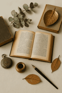 Stimmungsvolles Stillleben mit offenen Vintage-Büchern, Füllfederhalter, Taschenuhr und goldenen Deko-Elementen. Das BIld symbolisiert zeitlose Literatur und klassische Werke - ganz im Stil des Kapitelgold Buchblogs