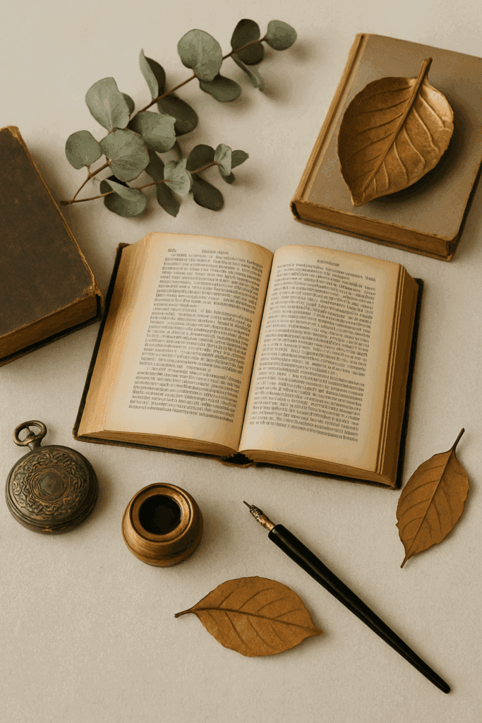 Stimmungsvolles Stillleben mit offenen Vintage-Büchern, Füllfederhalter, Taschenuhr und goldenen Deko-Elementen. Das BIld symbolisiert zeitlose Literatur und klassische Werke - ganz im Stil des Kapitelgold Buchblogs