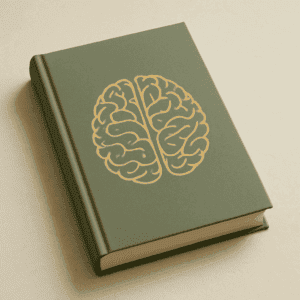 Stilisiertes Buch mit goldener Gehirn-Illustration auf grünem Einband – symbolisch für mentale Stärke, persönliches Wachstum und humorvolle Persönlichkeitsentwicklung, die im Buch Lassen Sie ihr Hirn nicht unbeaufsichtigt