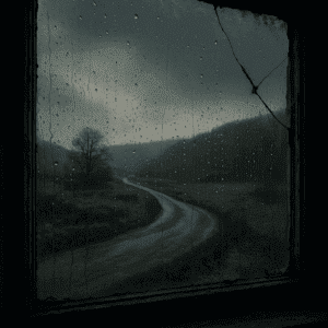 Eine verregnete Landschaft durch ein kaputtes Fenster fotografiert, stellt ein düsteres Thriller-Setting für spannende Thriller Bücher im Blogbeitrag dar