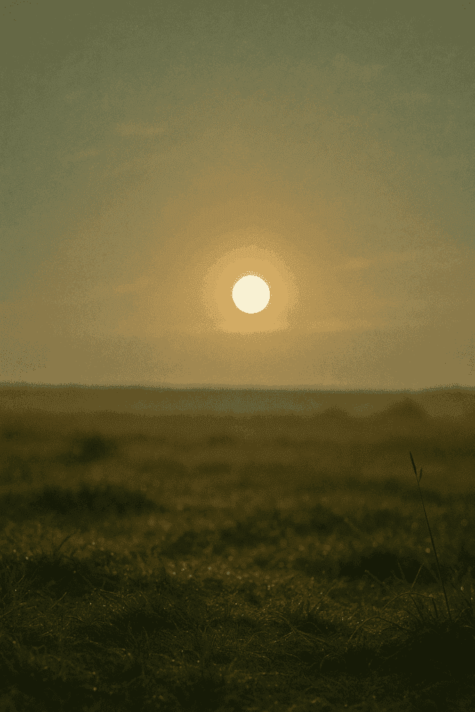 Symbolisches Beitragsbild für Persönlichkeitsentwicklung: Goldene Morgensonne über ruhiger Graslandschaft als Sinnbild für Neuanfang, Klarheit und innere Ziele