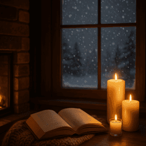 Gemütliche Adventsstimmung am Fenster mit offenem Buch, Kerzenschein und verschneiter Winterlandschaft – perfekte Leseecke für Weihnachtsromane und gemütliche Lesestunden im Dezember.