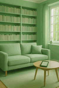 Grünes Sofa vor einem Bücherregal - inspiriert von „IRRE! Wir behandeln die Falschen“ von Manfred Lütz, passend zu den Themen persönliche Entwicklung, Mindset stärken und humorvolle Psychologie