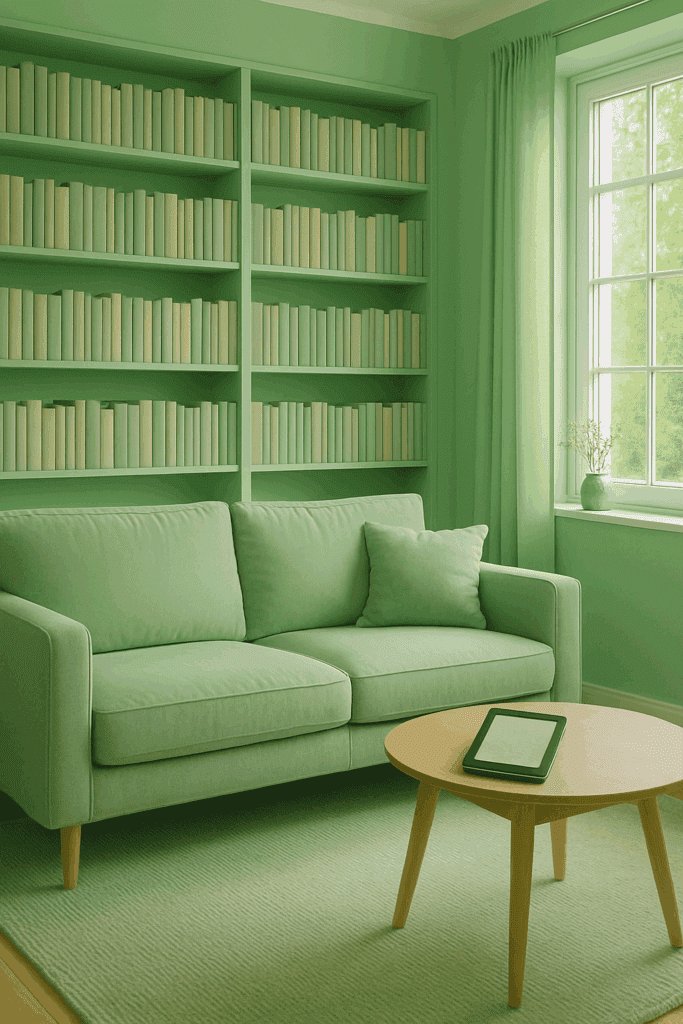 Grünes Sofa vor einem Bücherregal - inspiriert von „IRRE! Wir behandeln die Falschen“ von Manfred Lütz, passend zu den Themen persönliche Entwicklung, Mindset stärken und humorvolle Psychologie