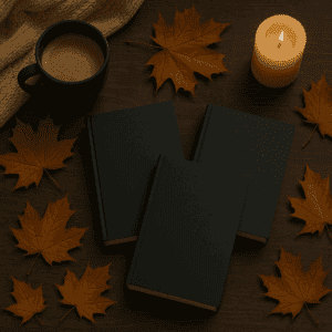 Herbstliches Flatlay mit drei schwarzen Hardcover-Büchern, umgeben von braunen Ahornblättern, einer brennenden Kerze, einer Tasse Kaffee und einer beigen Strickdecke – stimmungsvolle Szene für Thriller-Empfehlungen im November.