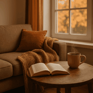 Ein herbstlich eingerichtetes Wohnzimmer mit braunem Sofa, Kuscheldecke und offenem Buch auf einem Holztisch neben einer dampfenden Tasse Tee – perfekte Cozy-Atmosphäre für entspannte Lesestunden im Herbst.