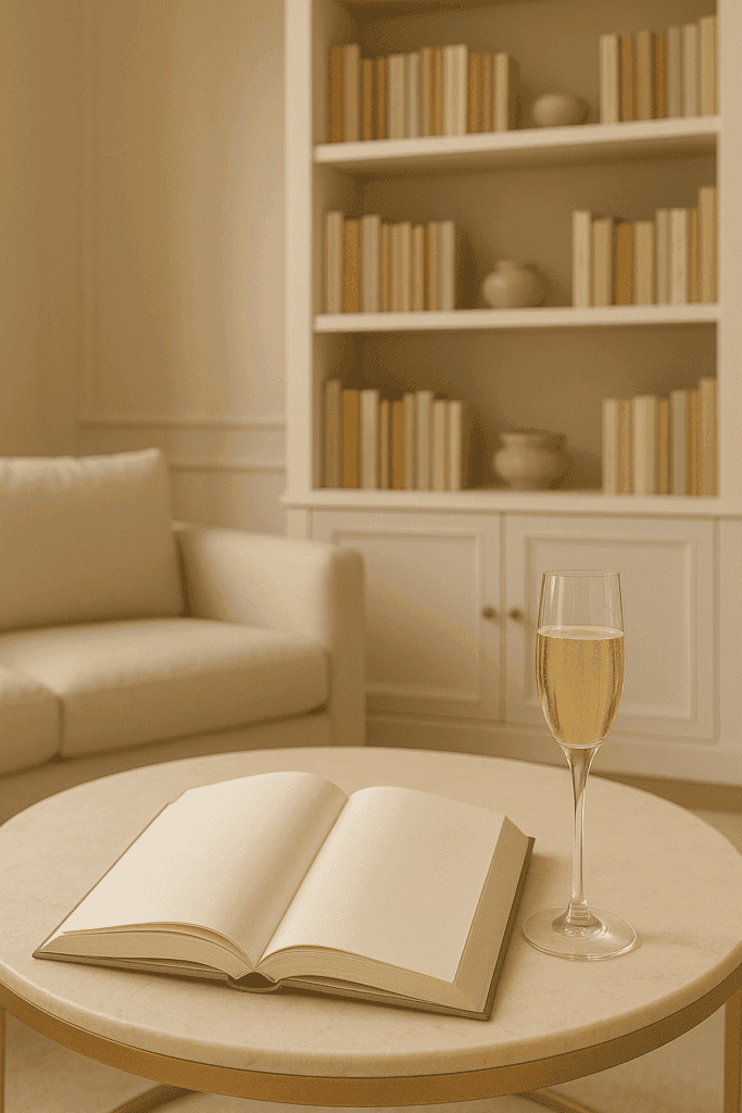 Helles, luxuriöses Wohnzimmer mit offenem Buch und Champagnerglas auf dem Tisch – Symbol für Selbstbestimmung, Leseempfehlung und Empowerment durch Biografien starker Frauen.