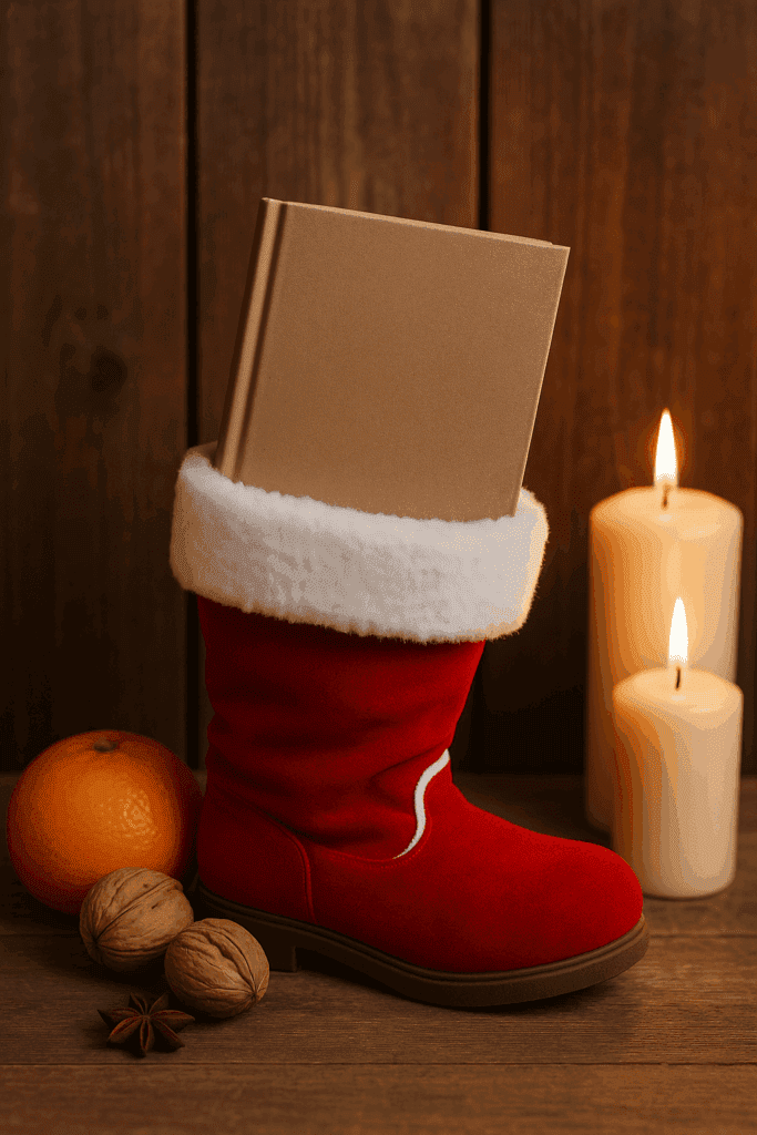 Nikolausstiefel mit goldfarbenem Buch, umgeben von Kerzenlicht, Mandarine, Nüssen und Sternanis – stimmungsvolles Stillleben für einen besinnlichen Nikolausabend und achtsame Winterrituale.